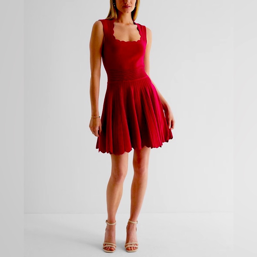 Express Square Neck Scalloped Mini Fit and Flare Sweater Dress XL